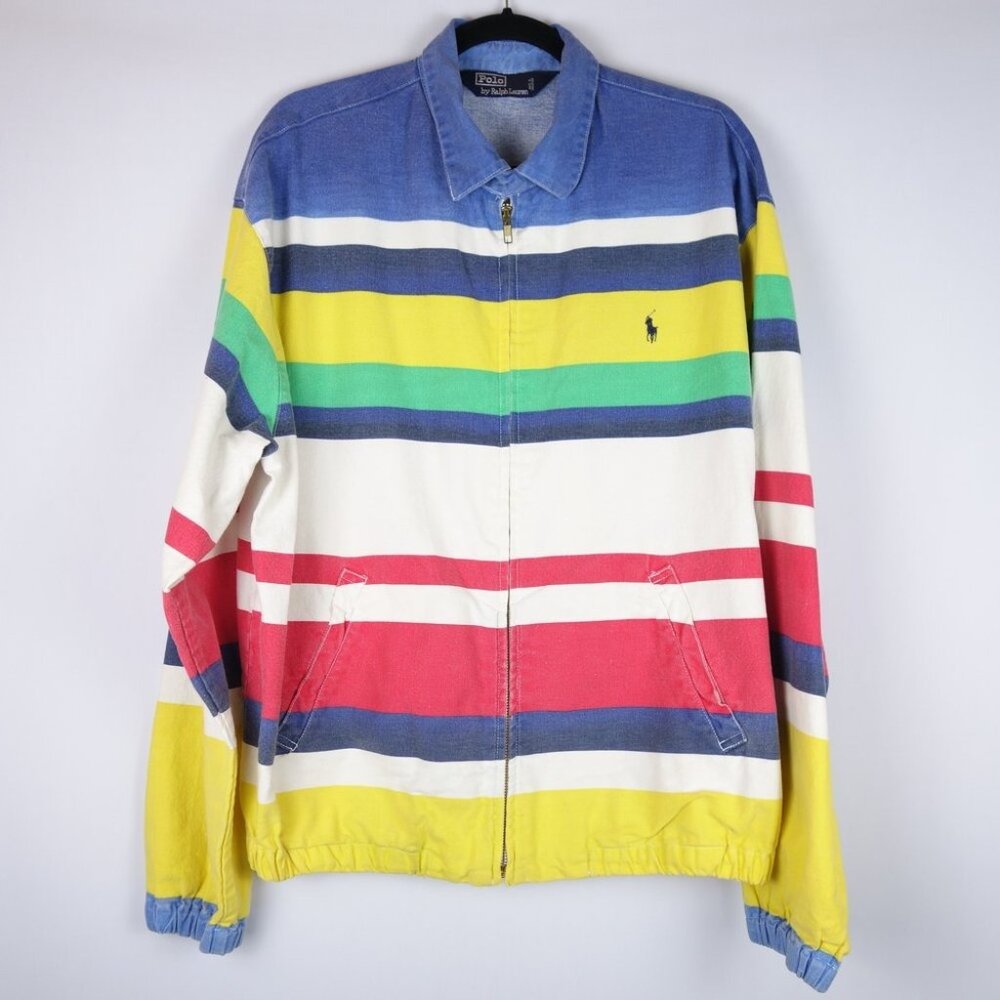 Vintage Polo Ralph Lauren CP-93 Bayport Multi-Color Stripe Denim Jacket,  Sz L